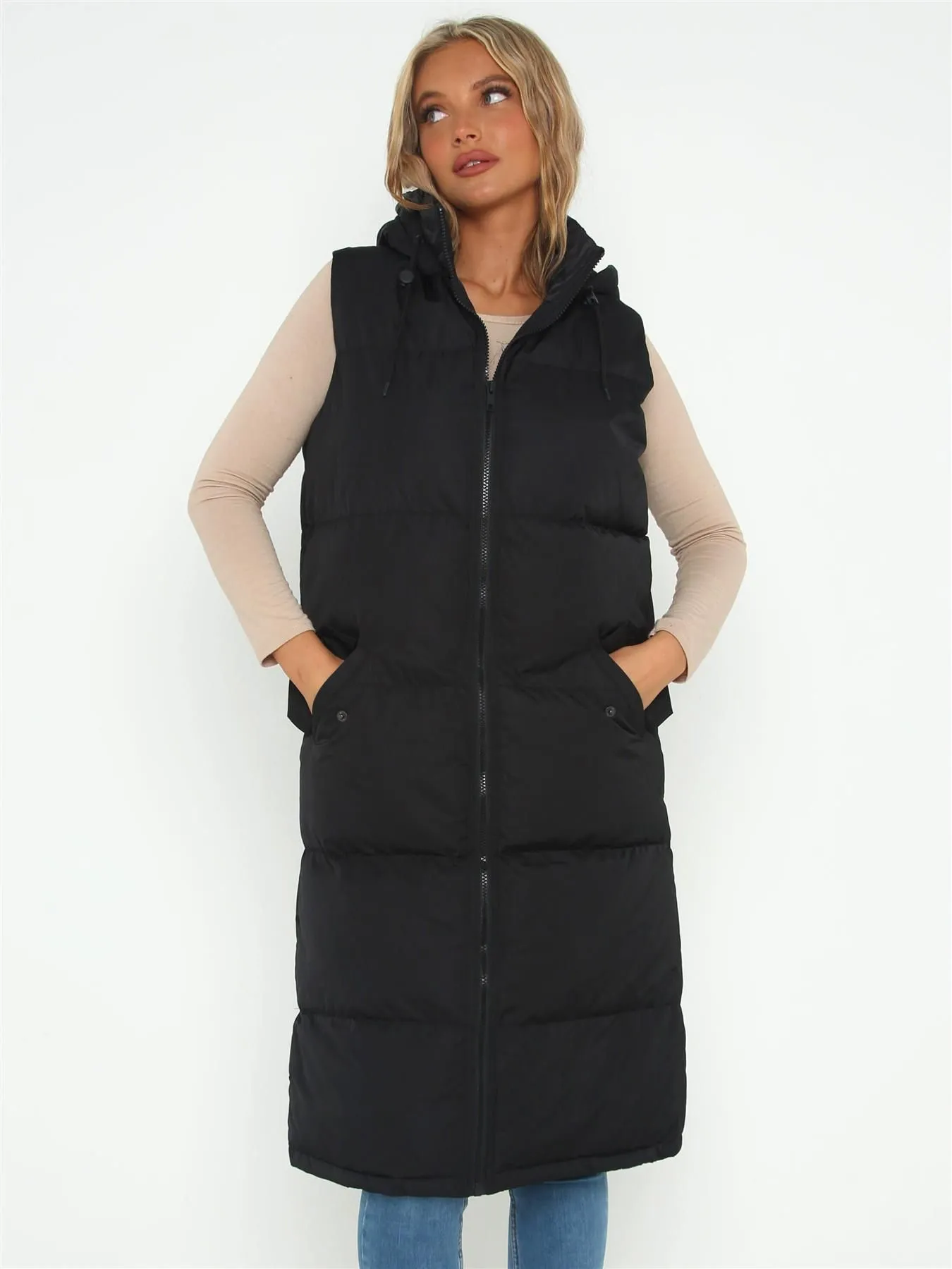 Maxi Length Gilet with adjustable Hood, Black, UK Sizes 8 to 16