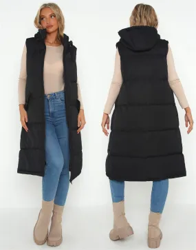 Maxi Length Gilet with adjustable Hood, Black, UK Sizes 8 to 16