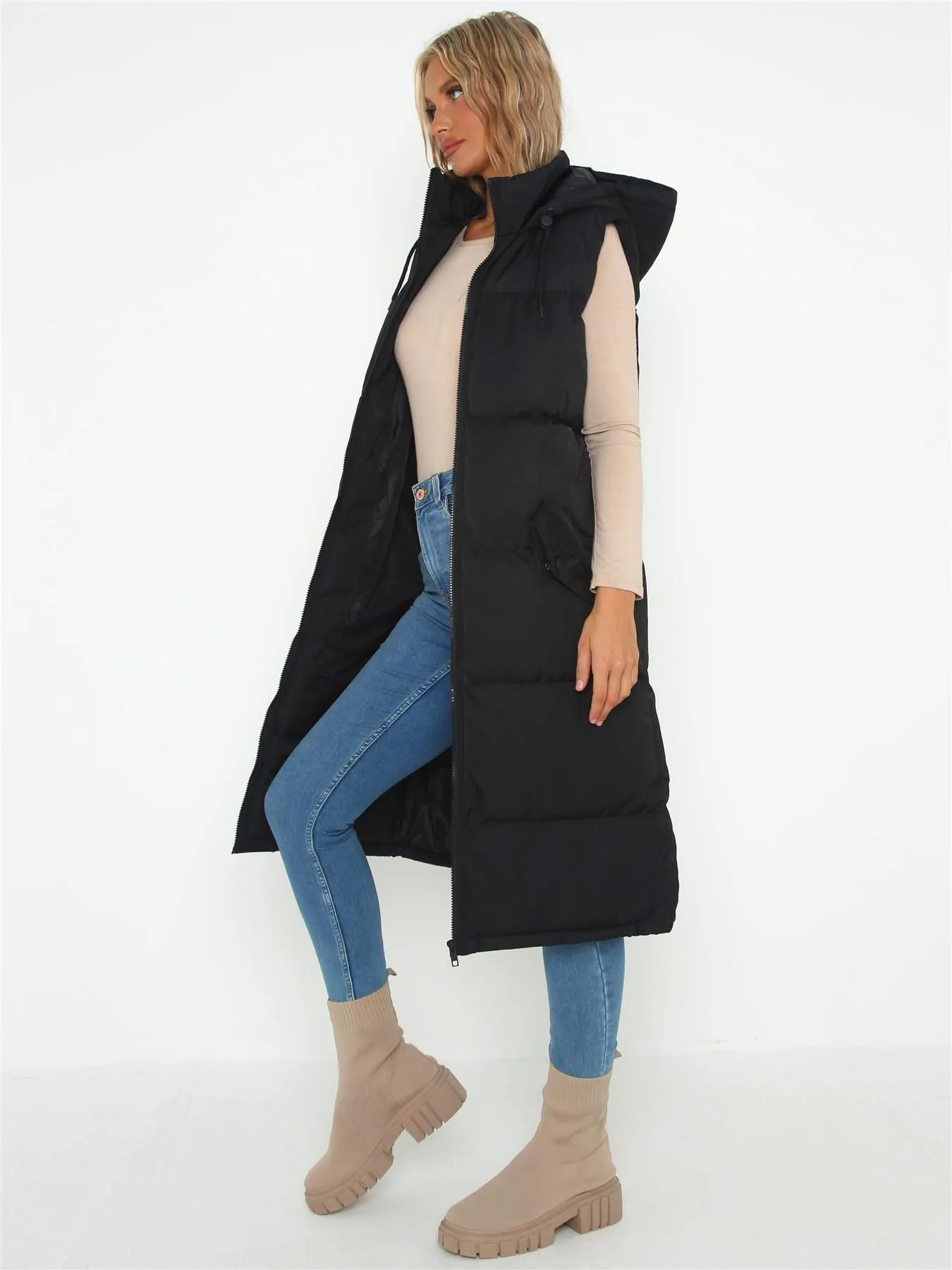 Maxi Length Gilet with adjustable Hood, Black, UK Sizes 8 to 16