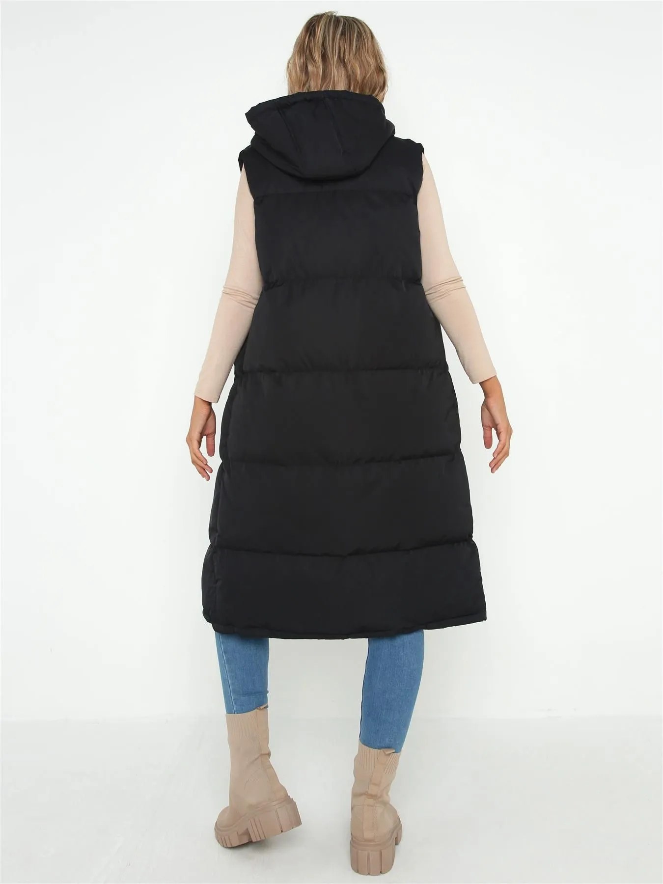 Maxi Length Gilet with adjustable Hood, Black, UK Sizes 8 to 16