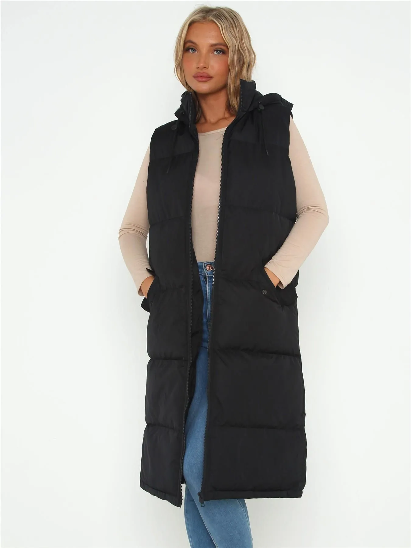 Maxi Length Gilet with adjustable Hood, Black, UK Sizes 8 to 16