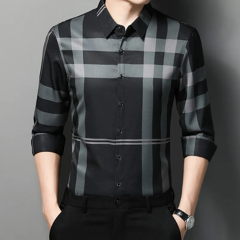 Men's Luxury Square Collar Striped Pattern Casual Style Long Sleeve Shirt