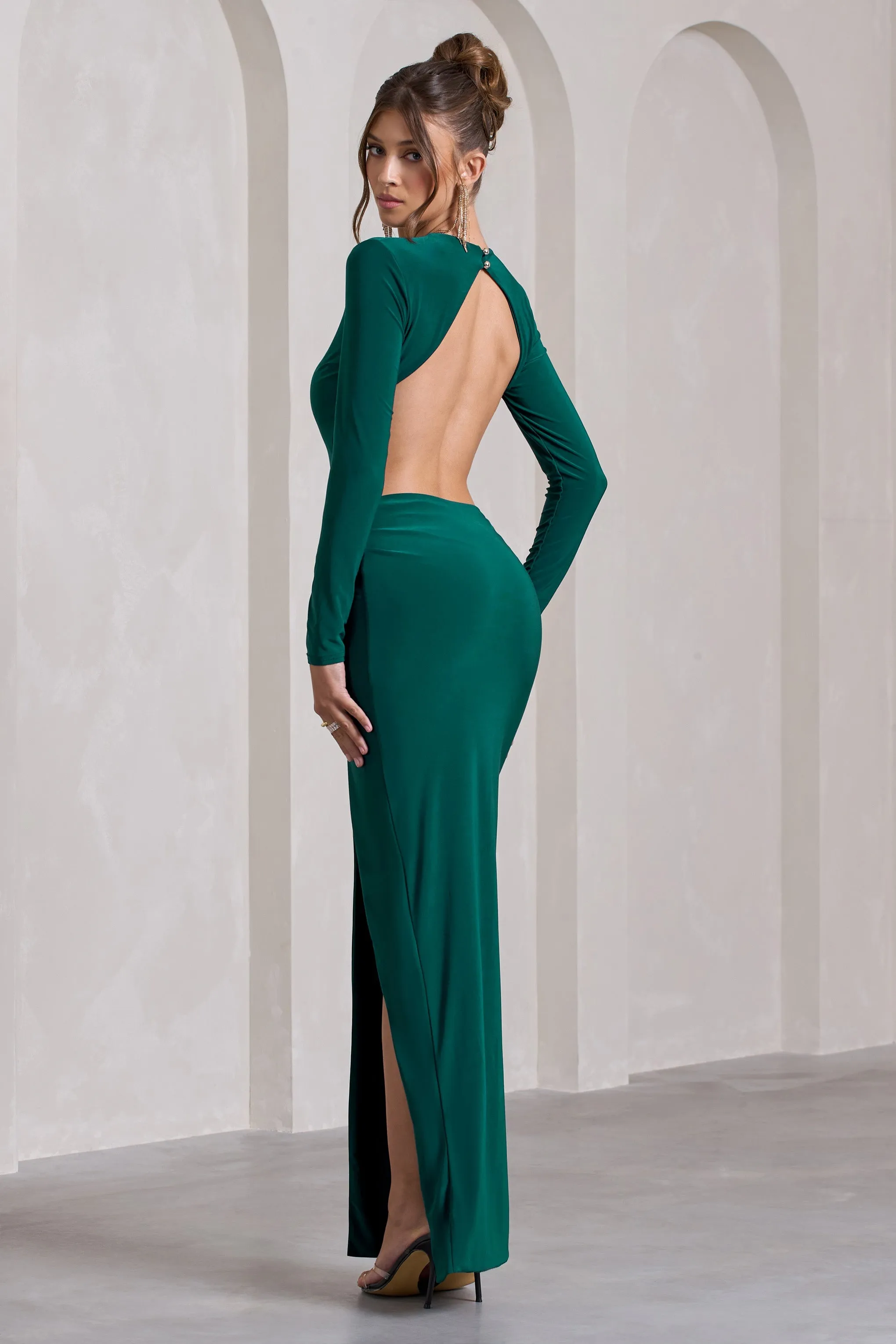 Miley | Bottle Green Long-Sleeved Open-Back Wrap Maxi Dress