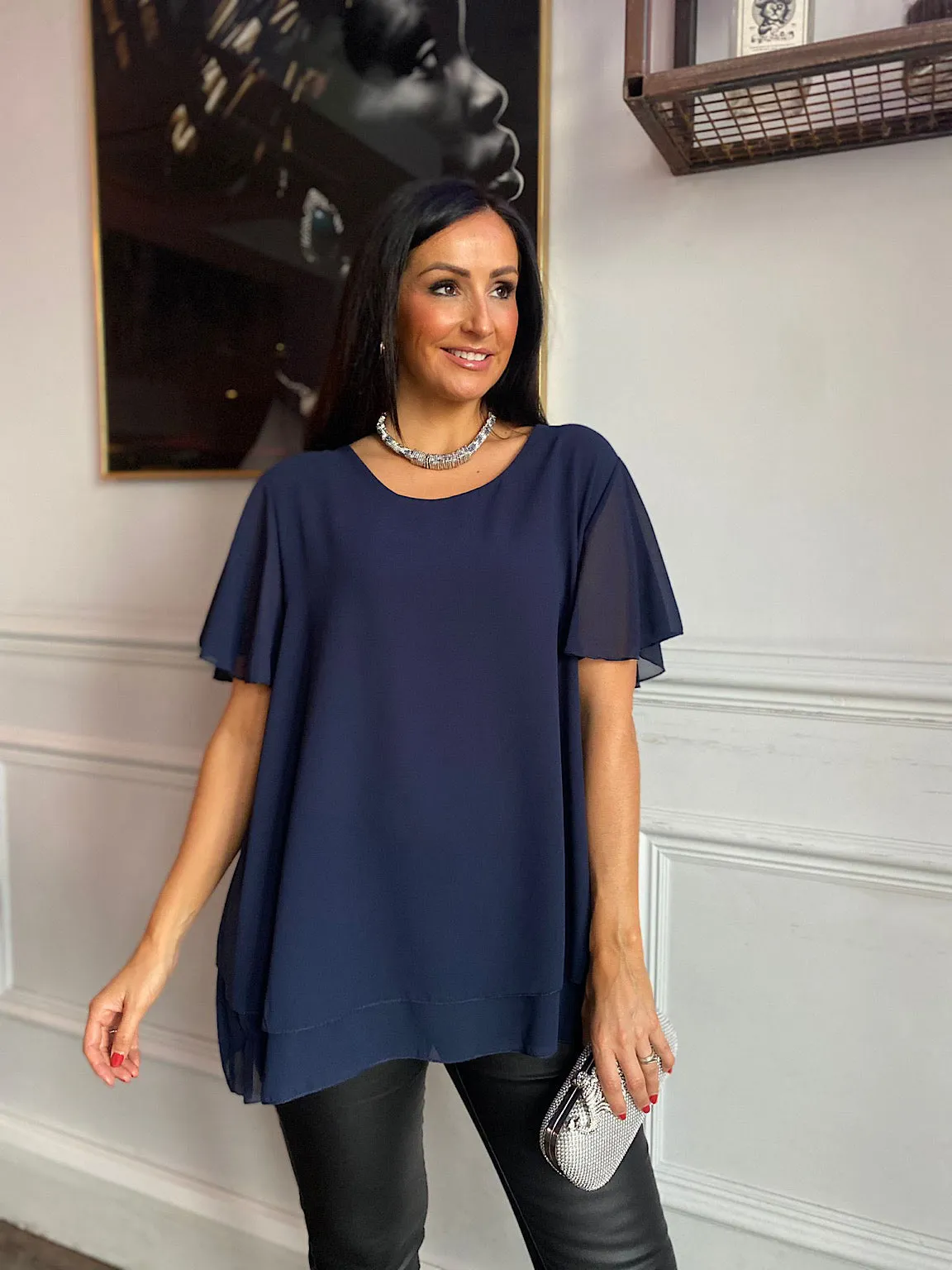 Navy Layered Chiffon Blouse Gail