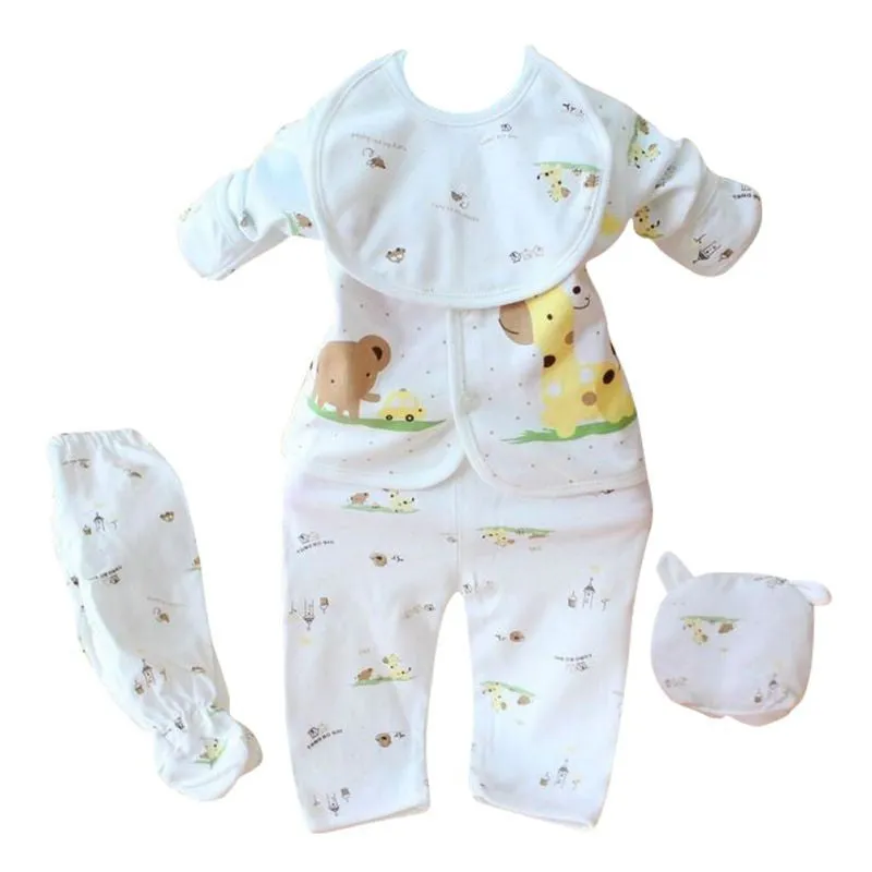 Newborn 0-3 Months Baby Boy Girl 5pcs Clothing Sets Cotton Cartoon Monk Tops Pants Bib Hats Infant Clothes SM6