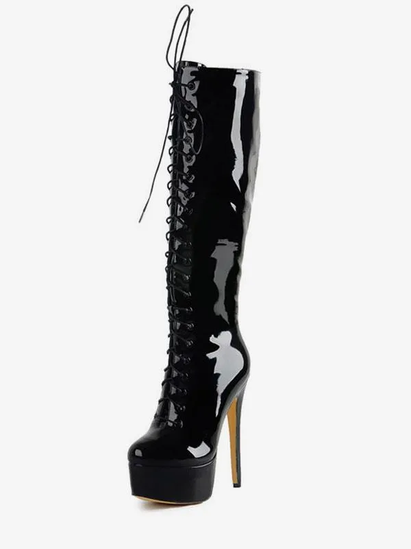 Platform Knee High Boots Bright Leather Lace Up Stiletto Heel Boots