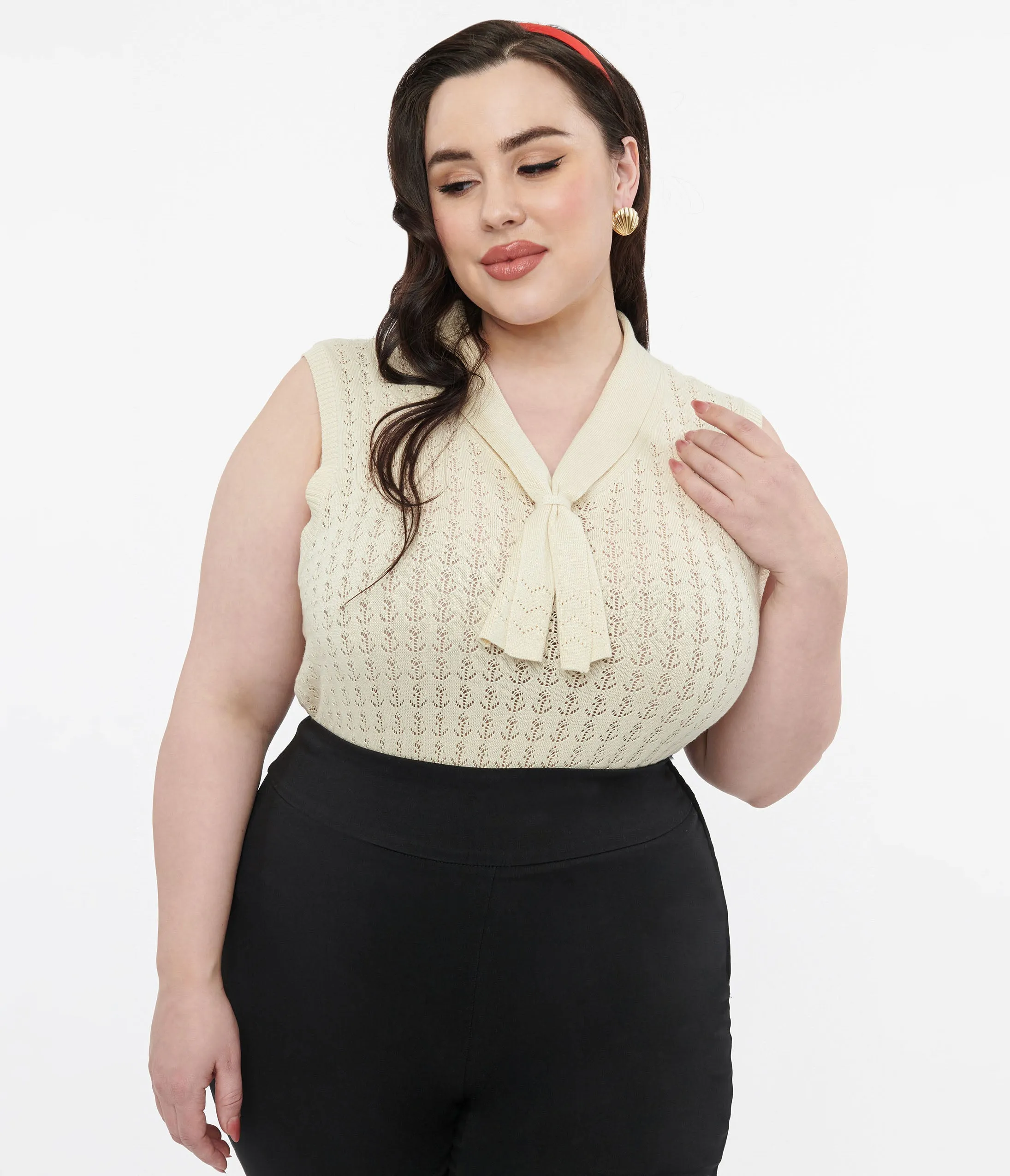 Plus Size 1950s Ivory Anchor Neck Tie Top