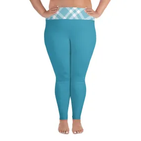 Plus Size Leggings Teal Blue and White Gingham