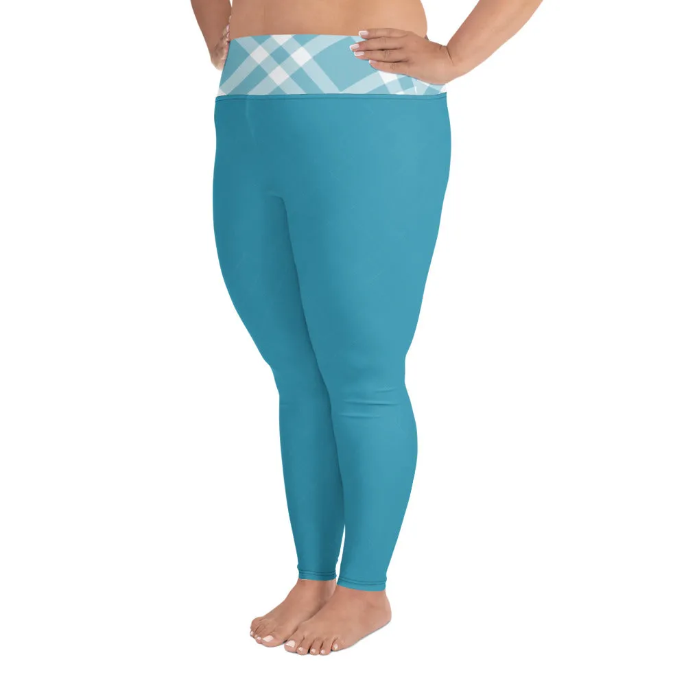 Plus Size Leggings Teal Blue and White Gingham