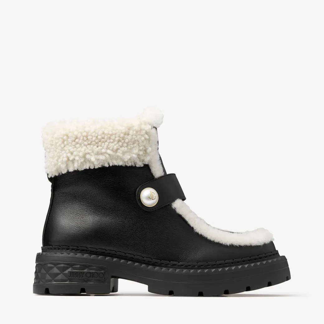 Shea Ankle Boot Flat Black Leather Shearling Ankle Boots