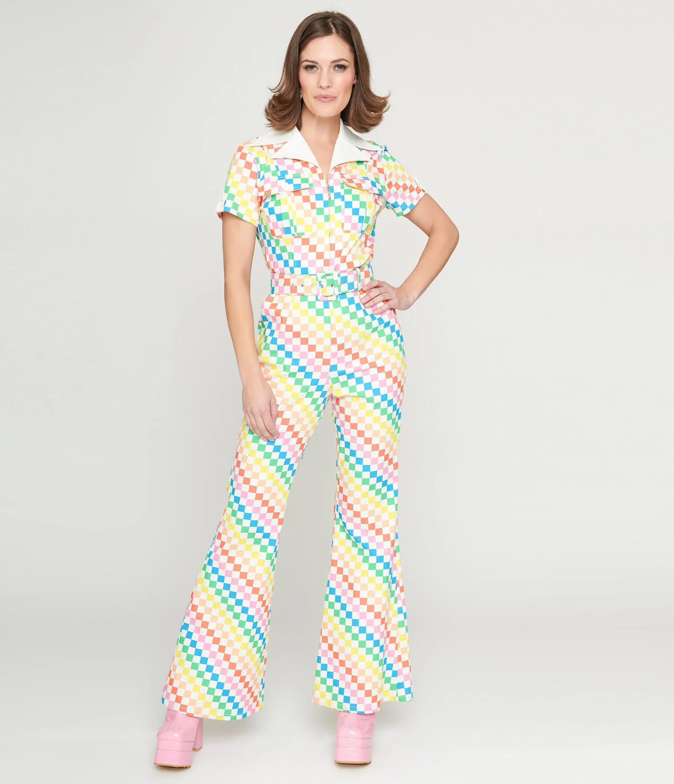 Smak Parlour 1970s Rainbow Check Flare Jumpsuit