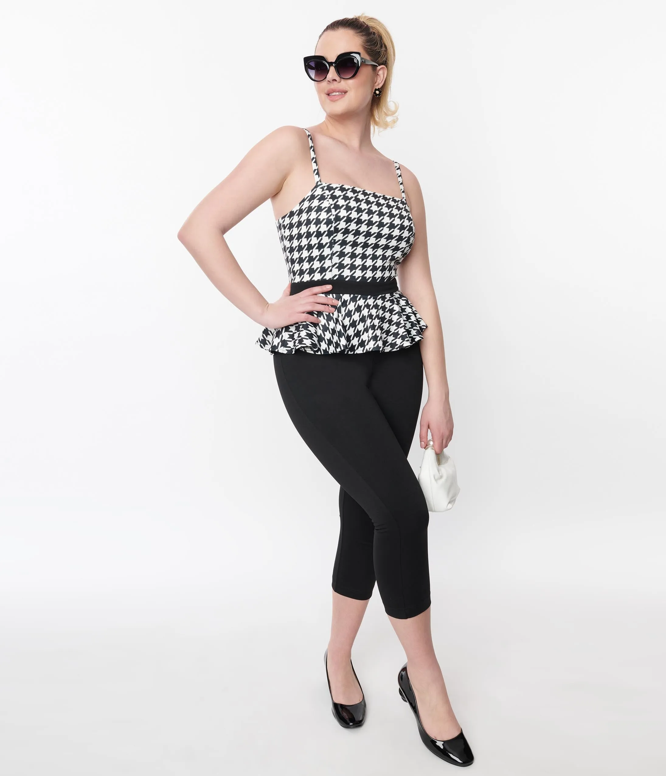 Unique Vintage Black & White Houndstooth Peplum Jumpsuit