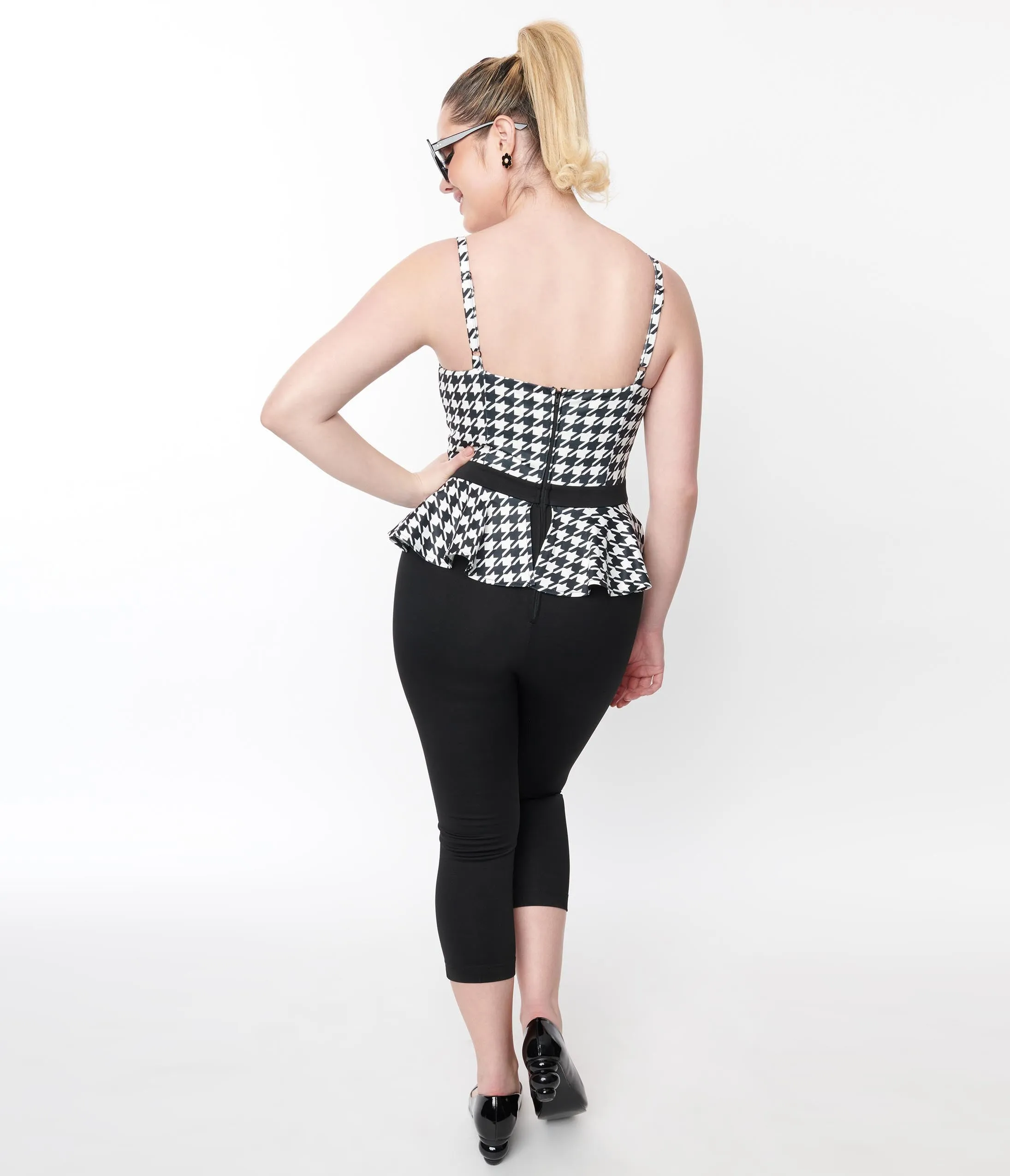 Unique Vintage Black & White Houndstooth Peplum Jumpsuit