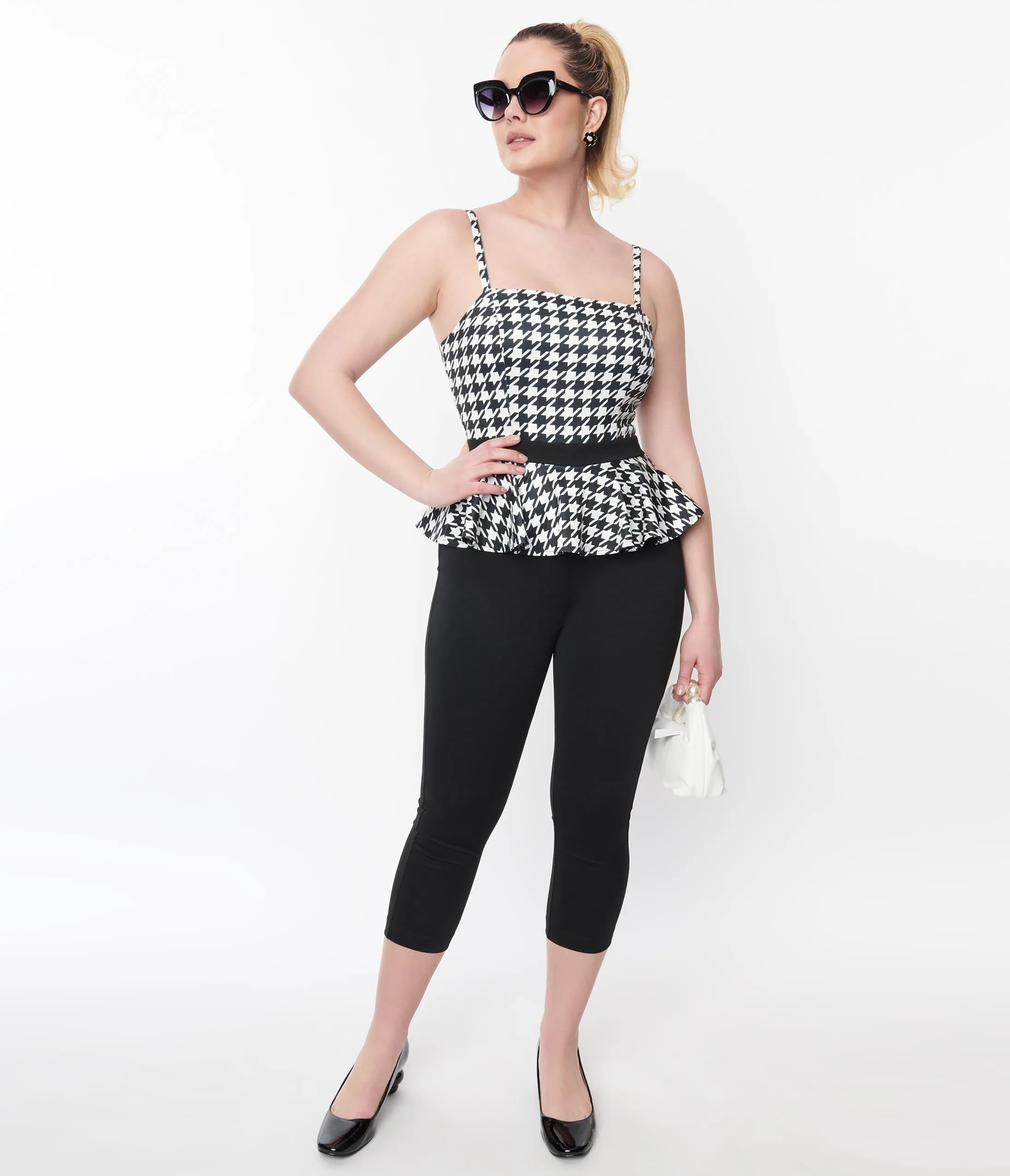 Unique Vintage Black & White Houndstooth Peplum Jumpsuit