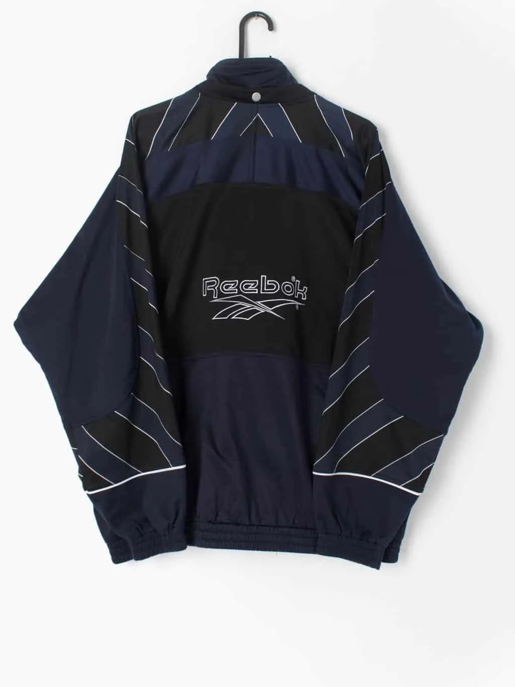 Vintage Reebok track jacket 90s spell out striped sleeves black and navy retro sports jacket – XL