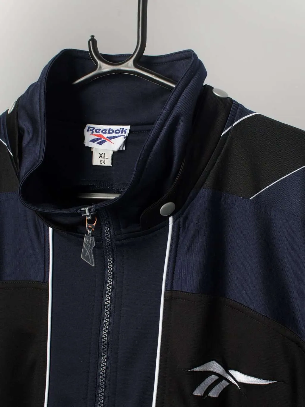 Vintage Reebok track jacket 90s spell out striped sleeves black and navy retro sports jacket – XL