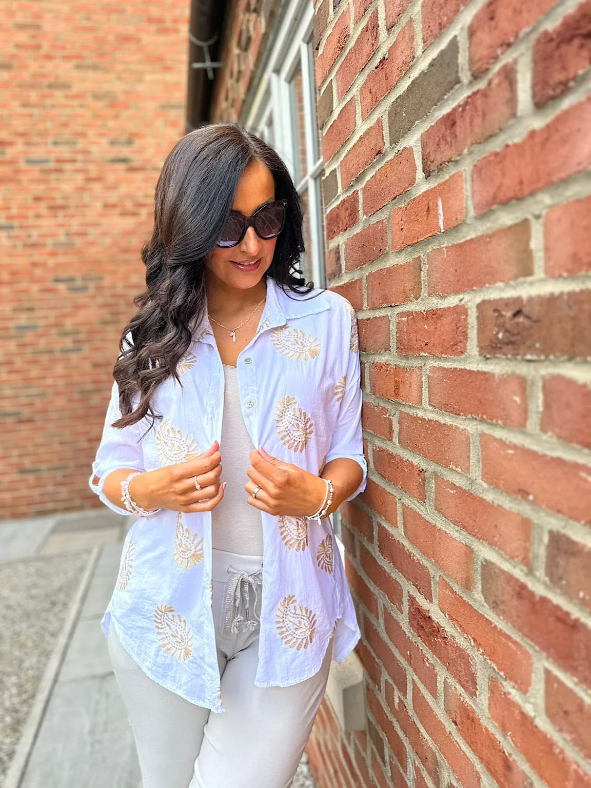 White Gold Shimmer Crochet Paisley Shirt Olivia