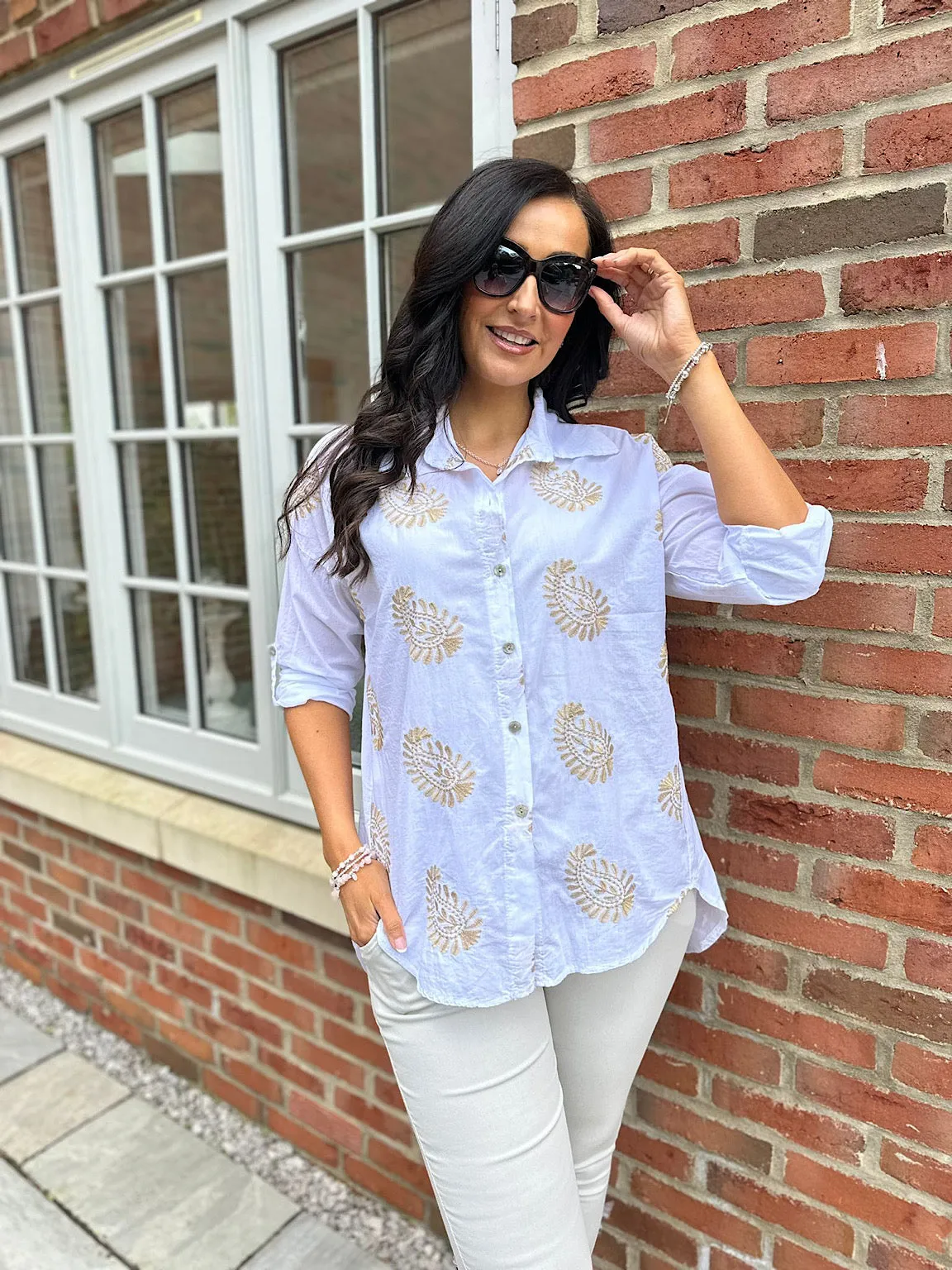 White Gold Shimmer Crochet Paisley Shirt Olivia