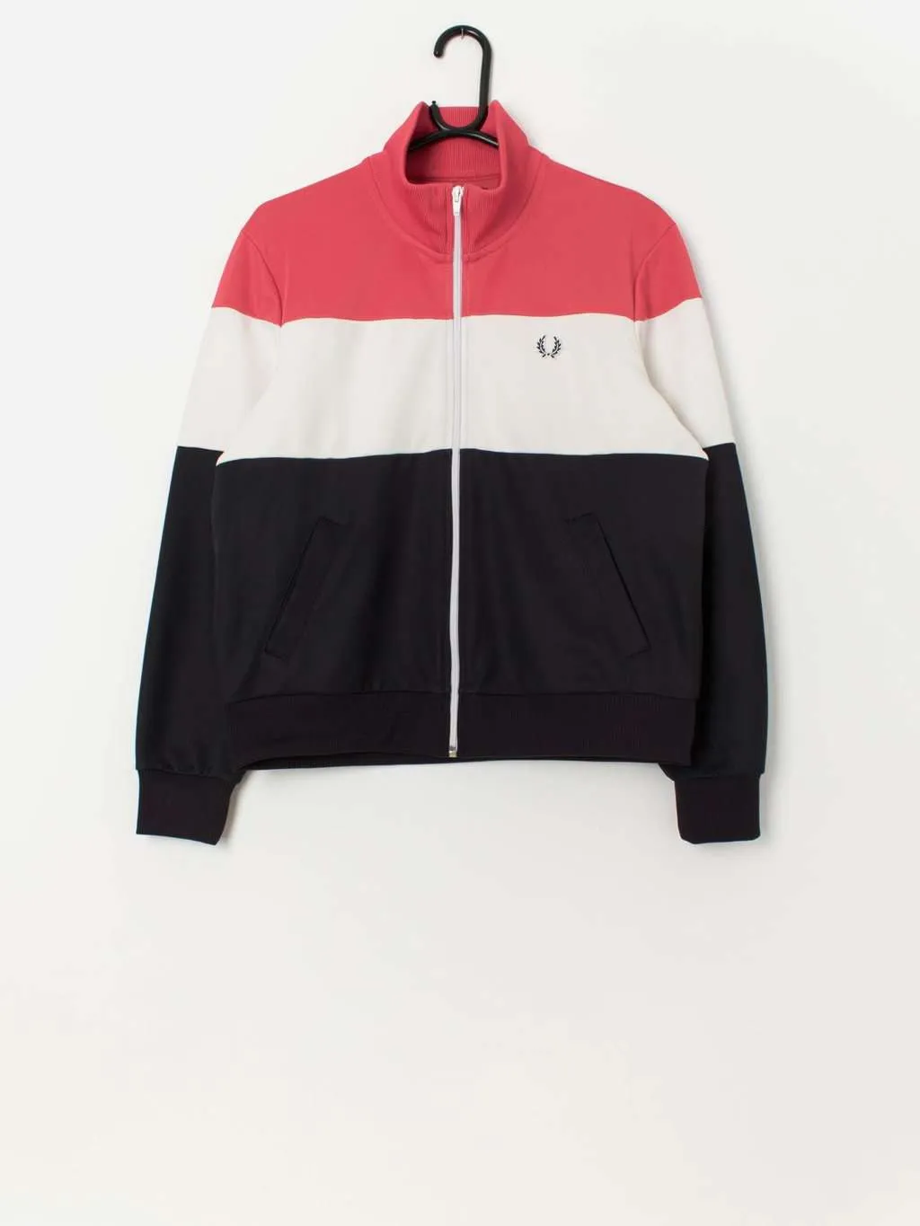 Women’s Fred Perry track jacket in pink, white and black – Medium