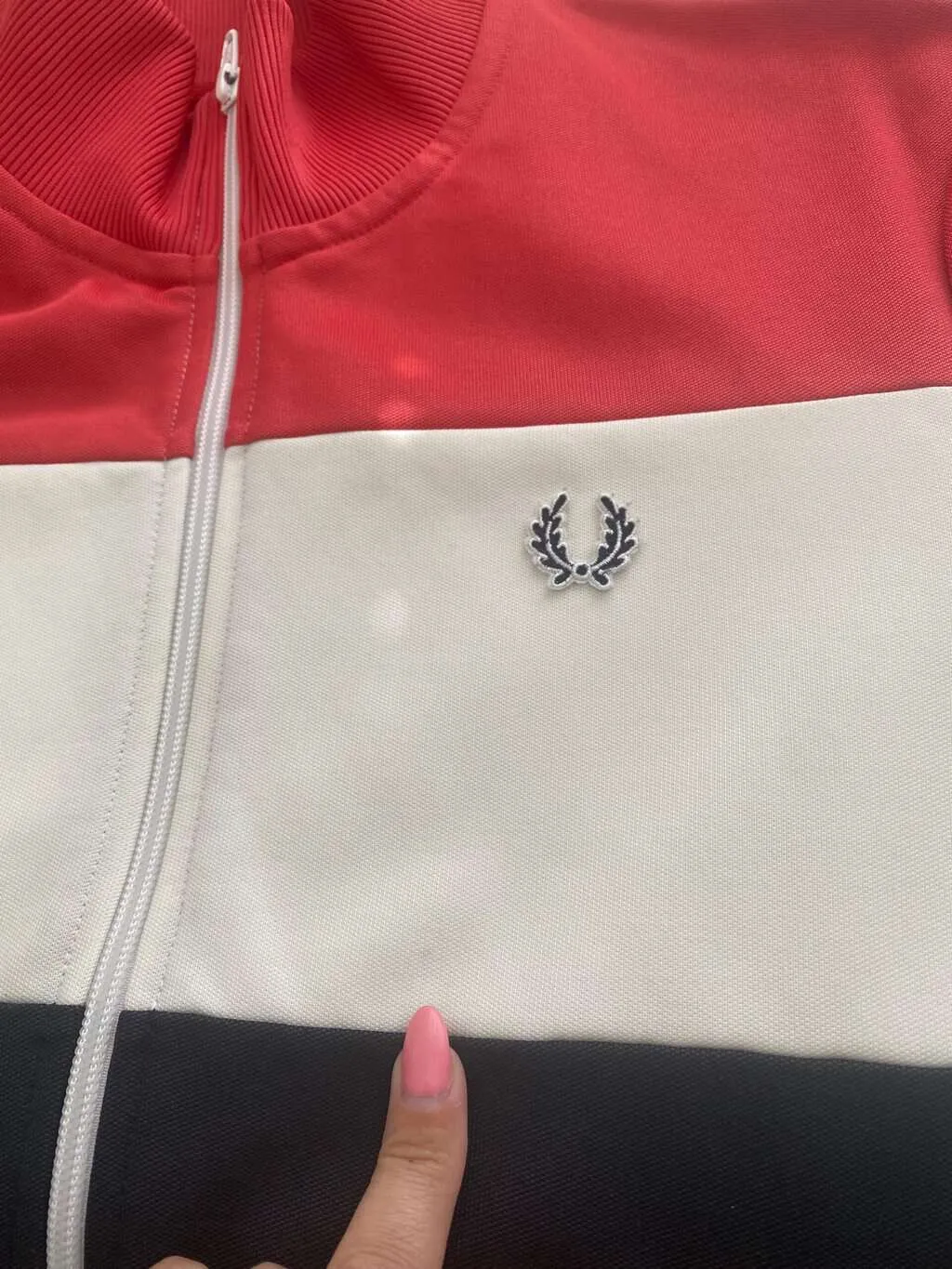 Women’s Fred Perry track jacket in pink, white and black – Medium