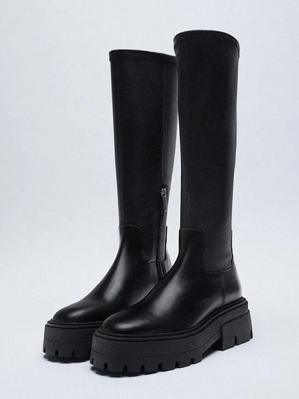 Women's Knee High Boots Black Round Toe Platform Flatform Knee Boots