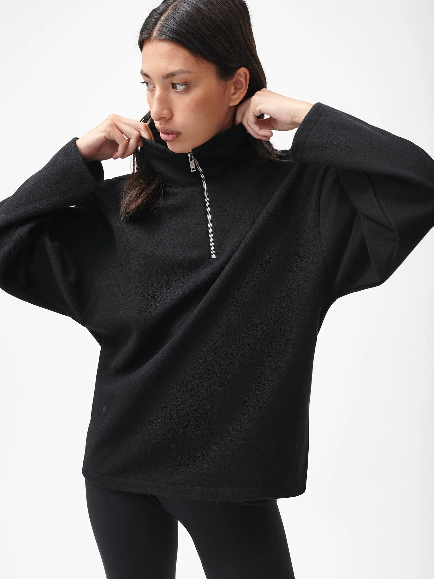 Women's Recycled Wool Jersey Half-Zip Sweater—black