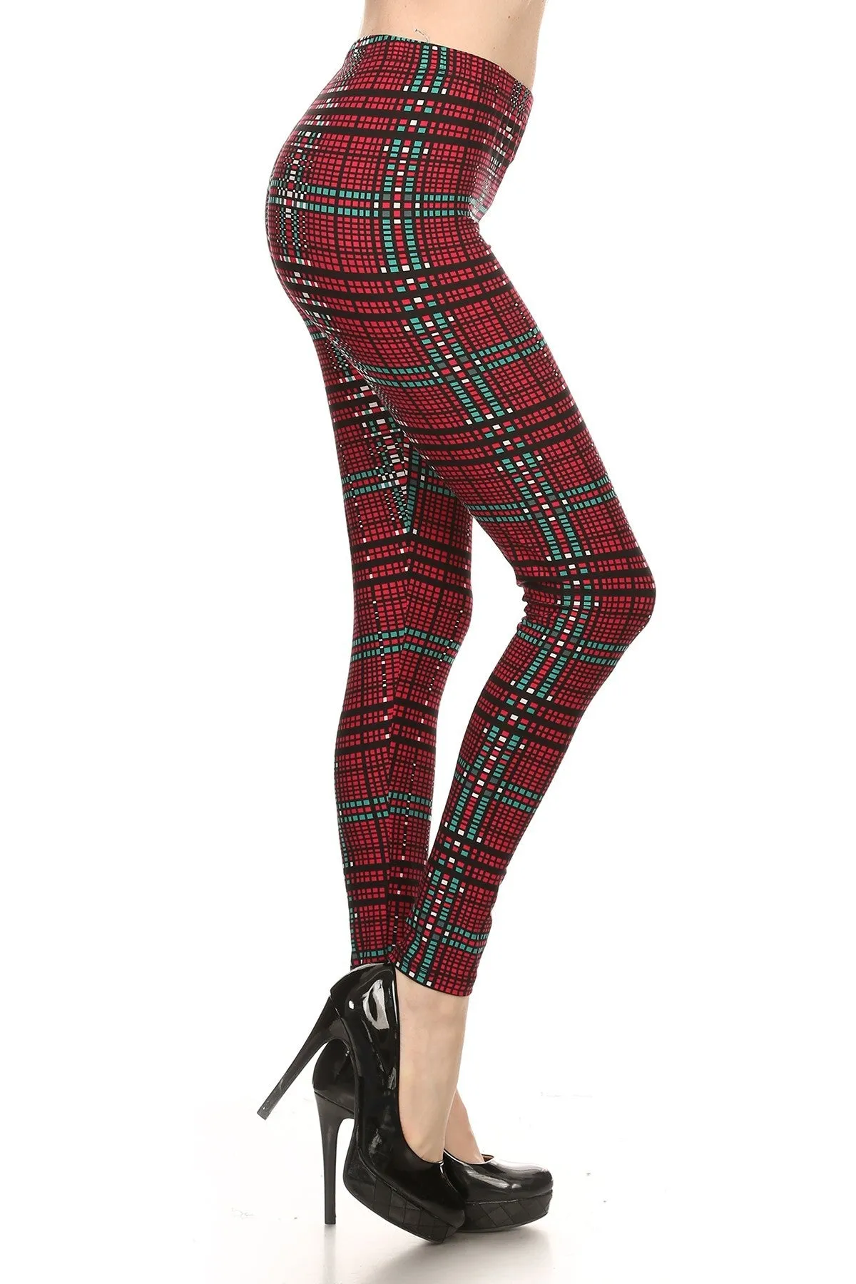 Women's Regular Burgundy Digital Plaid Pattern Printed Leggings