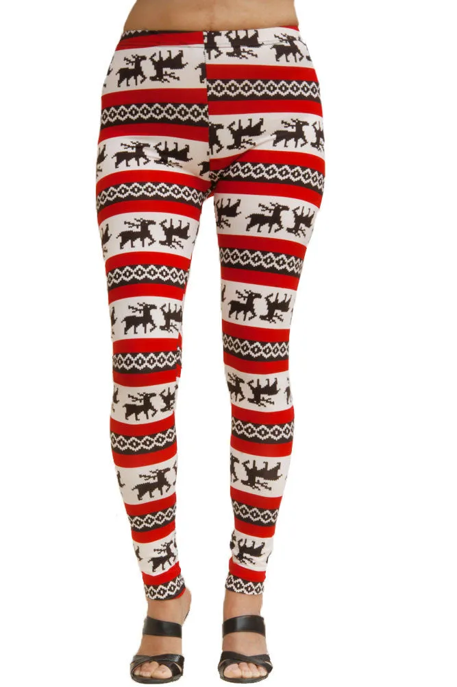 Women's Regular Colorful Holiday Reindeer Snowflake Design Printed Leggings