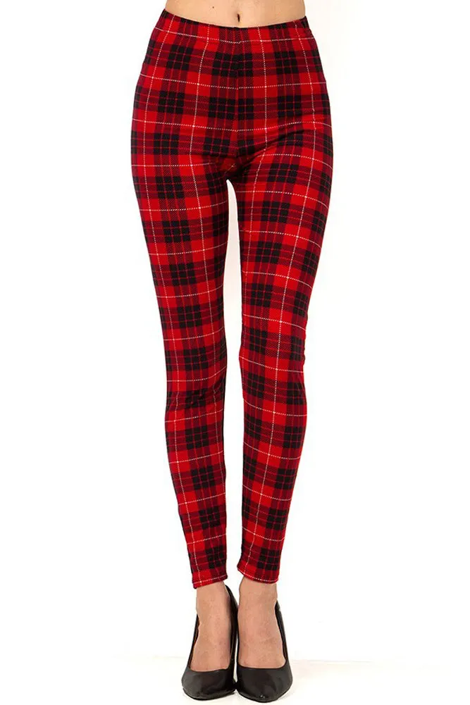 Women's Regular Holiday Red Black Plaid Pattern Printed Leggings