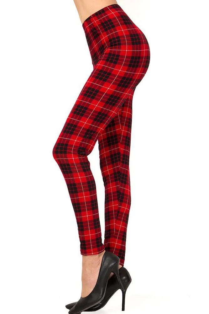 Women's Regular Holiday Red Black Plaid Pattern Printed Leggings