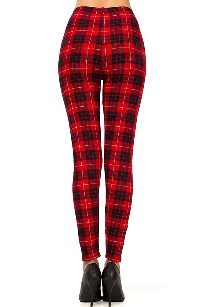 Women's Regular Holiday Red Black Plaid Pattern Printed Leggings