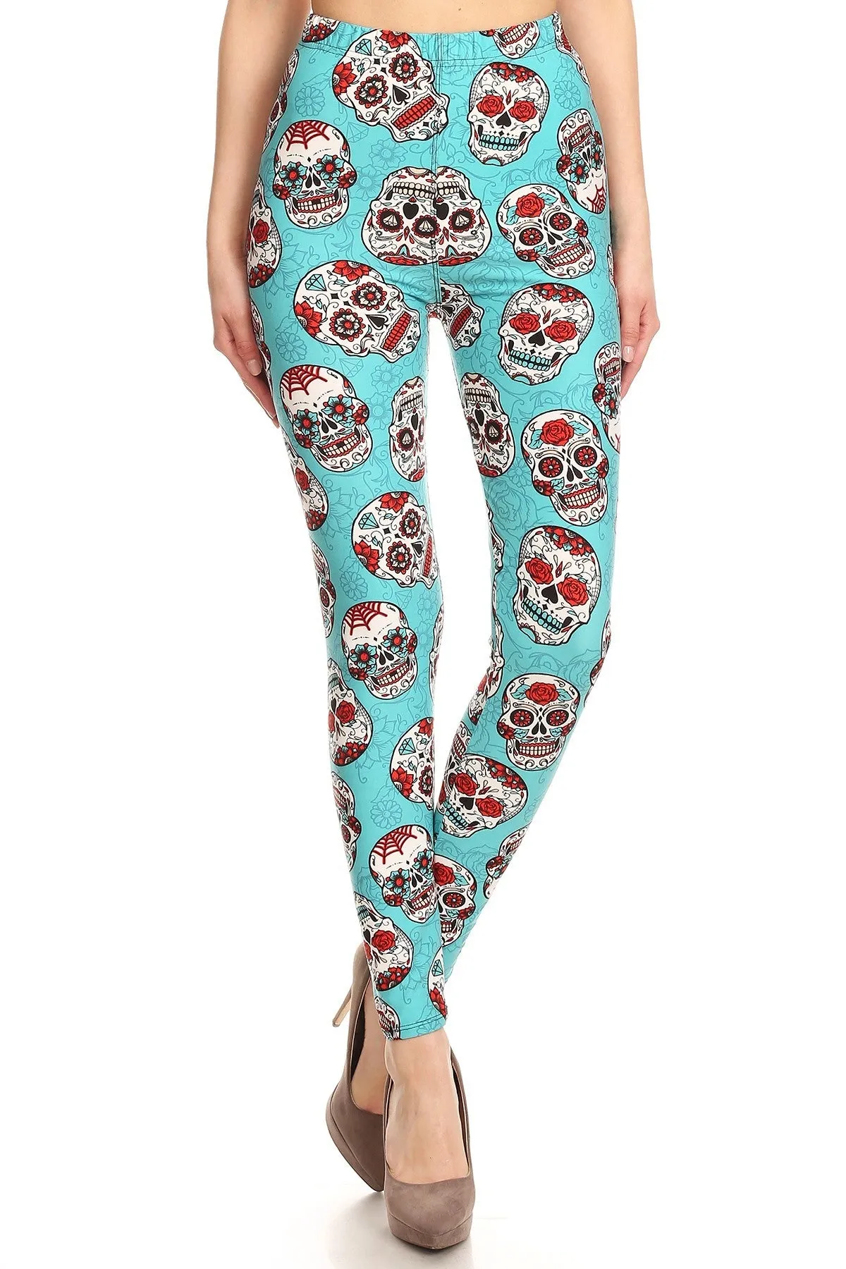 Women's Regular Teal Sugar Skulls Pattern Printed Leggings