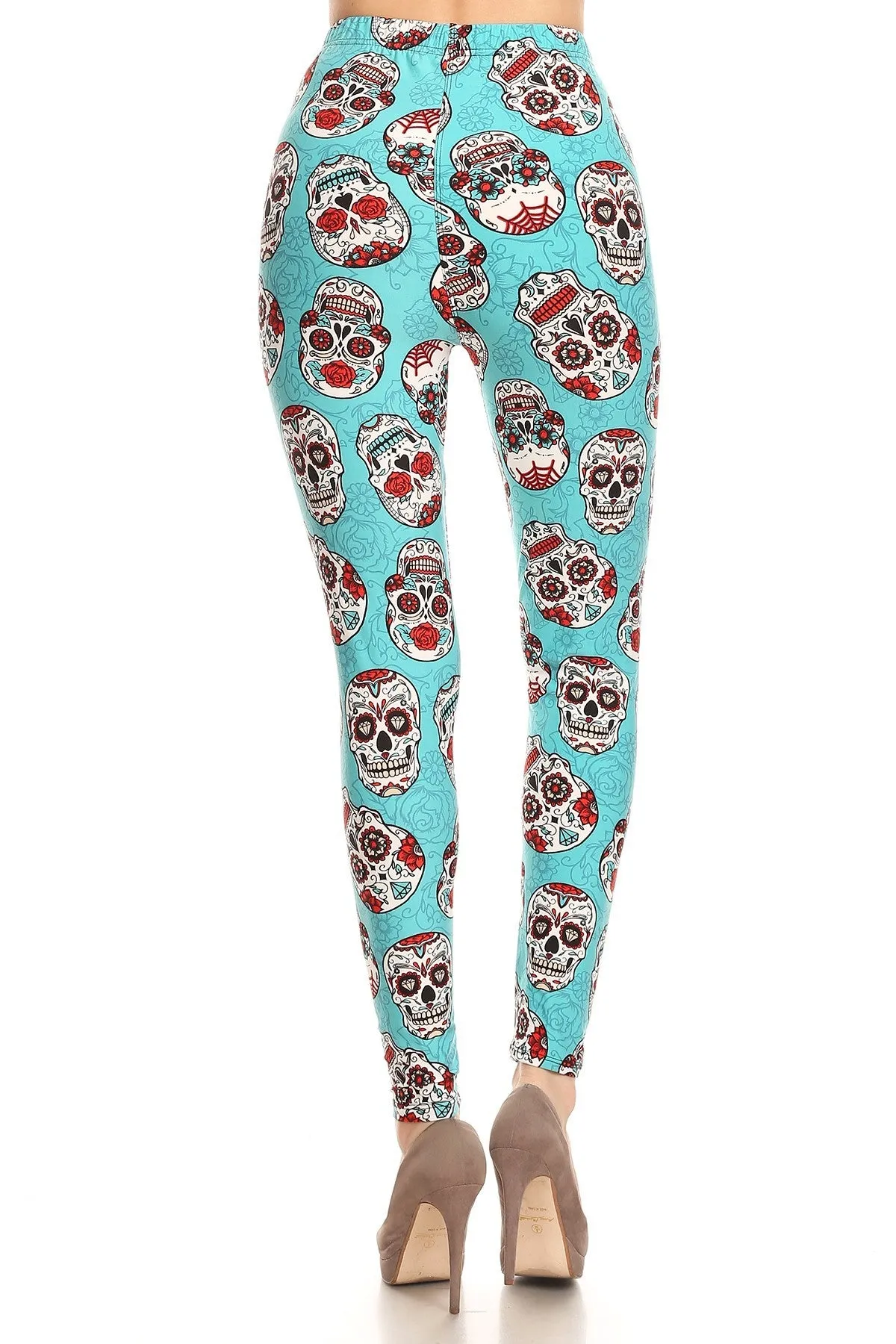 Women's Regular Teal Sugar Skulls Pattern Printed Leggings