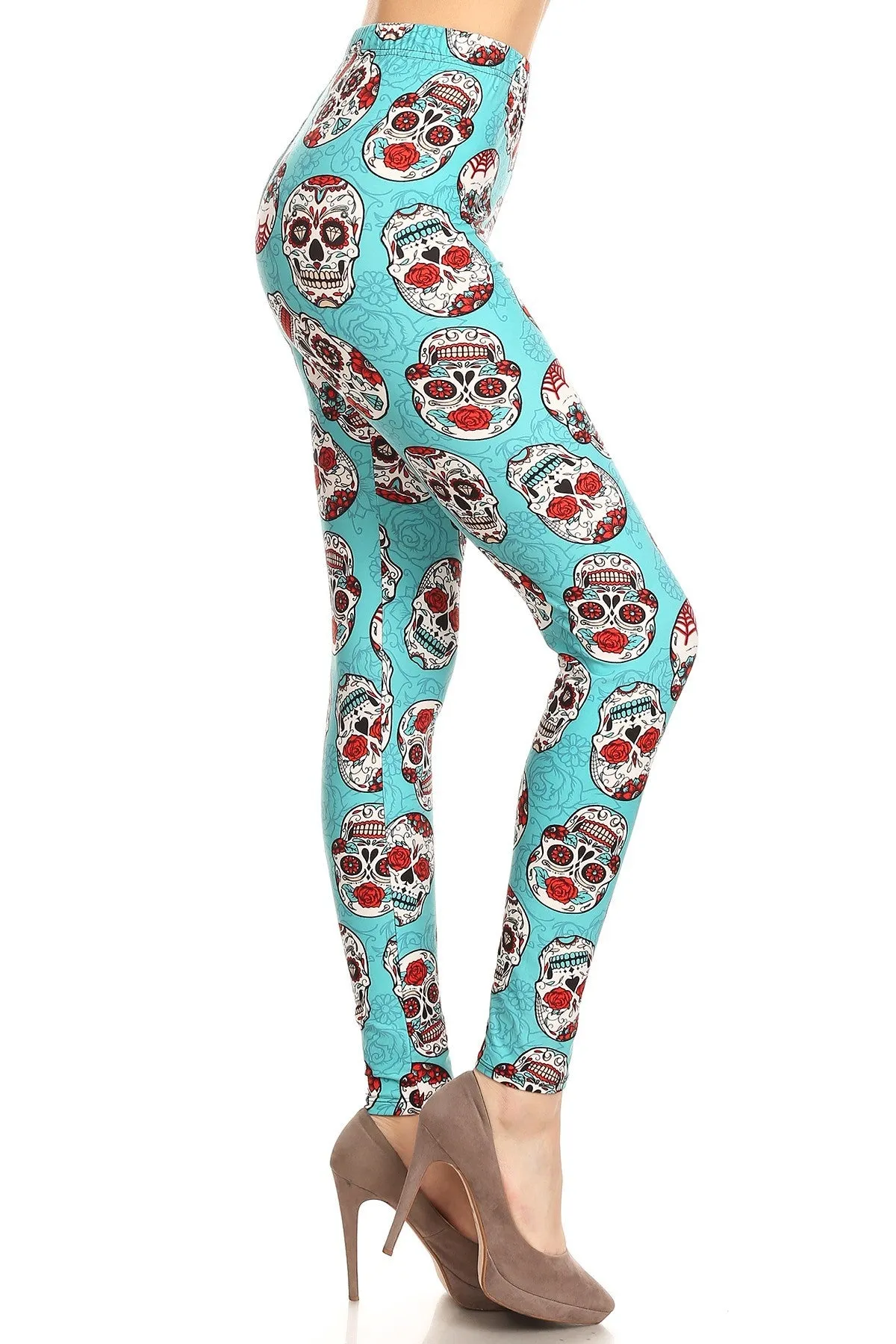 Women's Regular Teal Sugar Skulls Pattern Printed Leggings