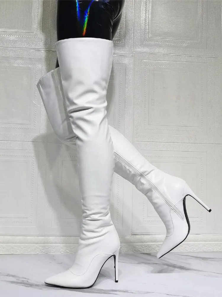 Women's White Thigh High Heel Boots Sexy Over The Knee Boots