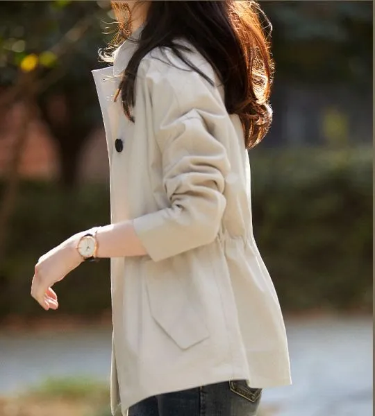 Women's Short Trench Coat with Waist Cinching - Beige