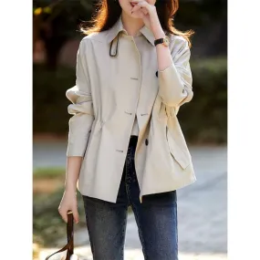 Women's Short Trench Coat with Waist Cinching - Beige