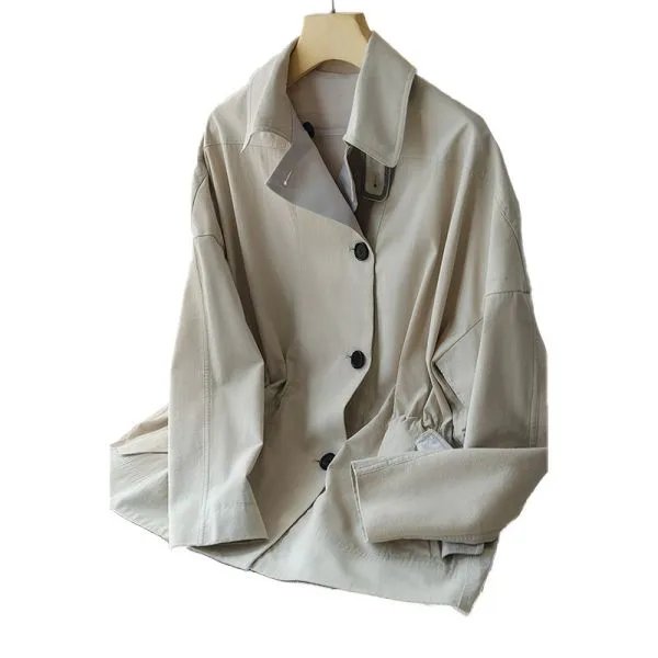 Women's Short Trench Coat with Waist Cinching - Beige