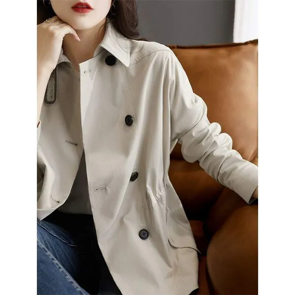 Women's Short Trench Coat with Waist Cinching - Beige